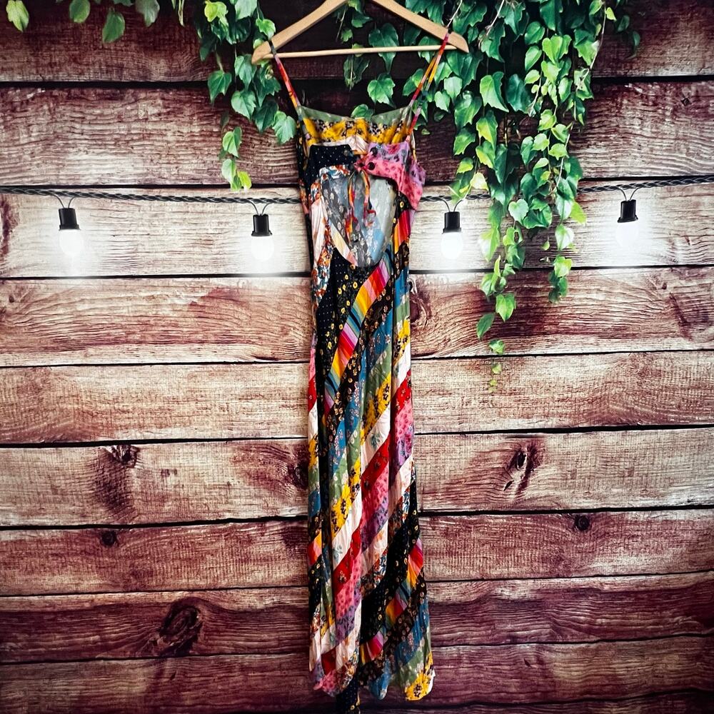 Free People Fiona Maxi Bodycon Dress Confetti Rainbow Striped Floral Boho Med - Picture 7 of 10